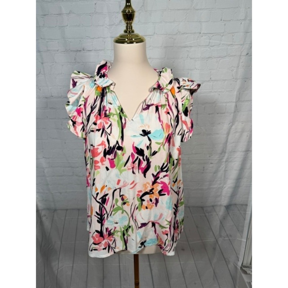 NWT Crown & Ivy Coral Floral Ruffle Sleeve Top Women's S $54.50
